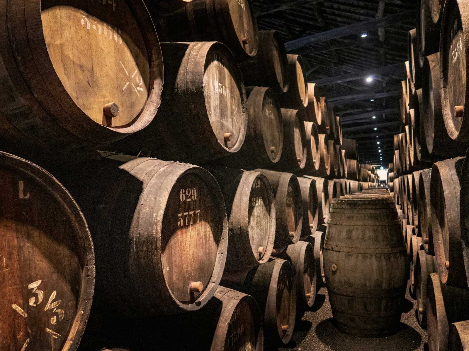 Barricas de vino apiladas en una bodega